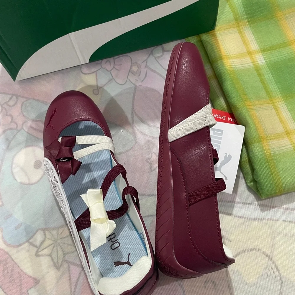 Puma Girls Burgundy and White Ballet Flats with Lace and Bows
